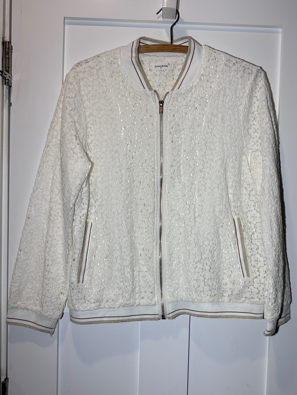 Emma & Ella Paris Cream Lace Bomber Jacket Brown and Tan Accents Floral Pattern